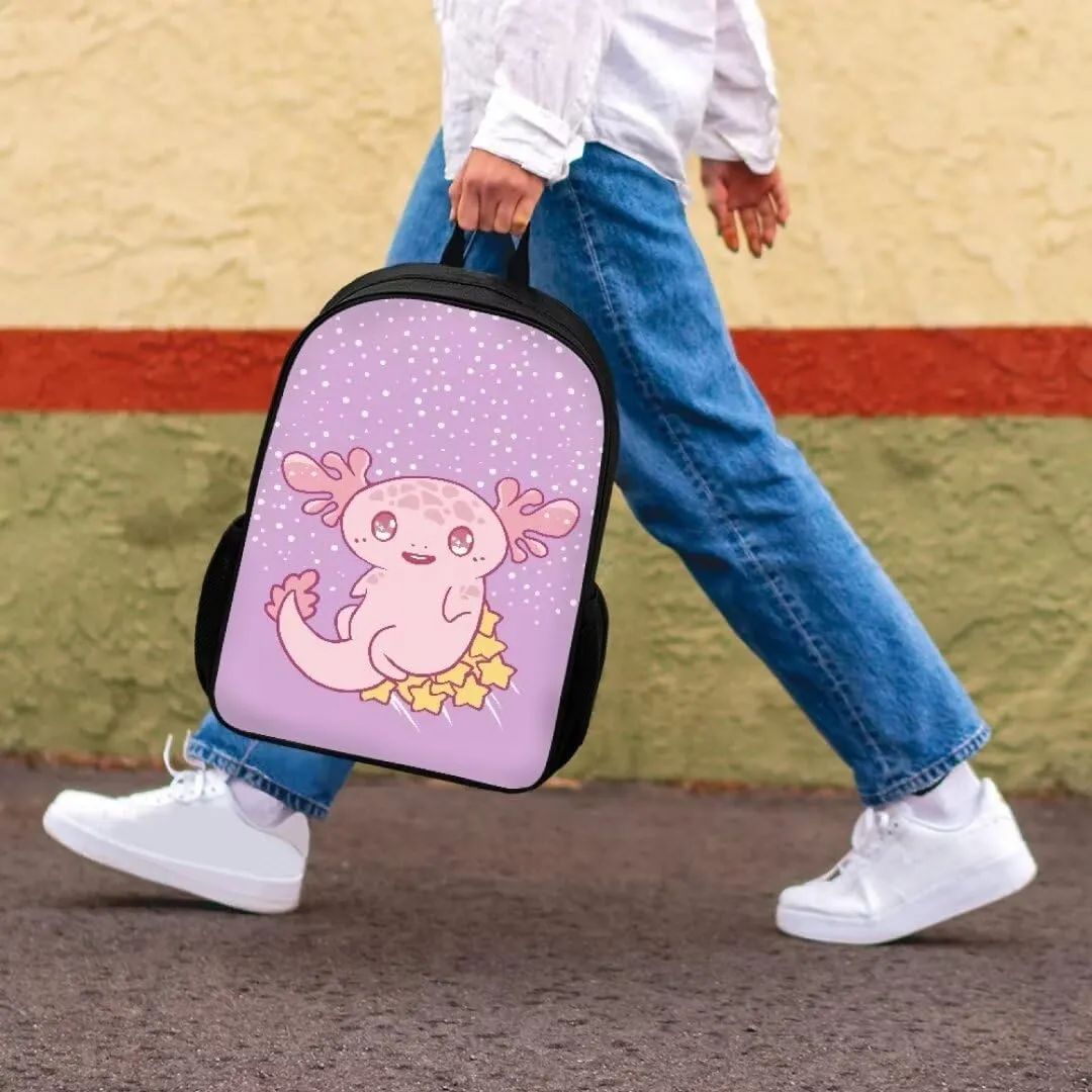 3pcs Kawaii Backpack For Girls Kids Cartoon Axolotl Print 17 Inch Student School Backpack With Lunch Bag Pen Bag Set