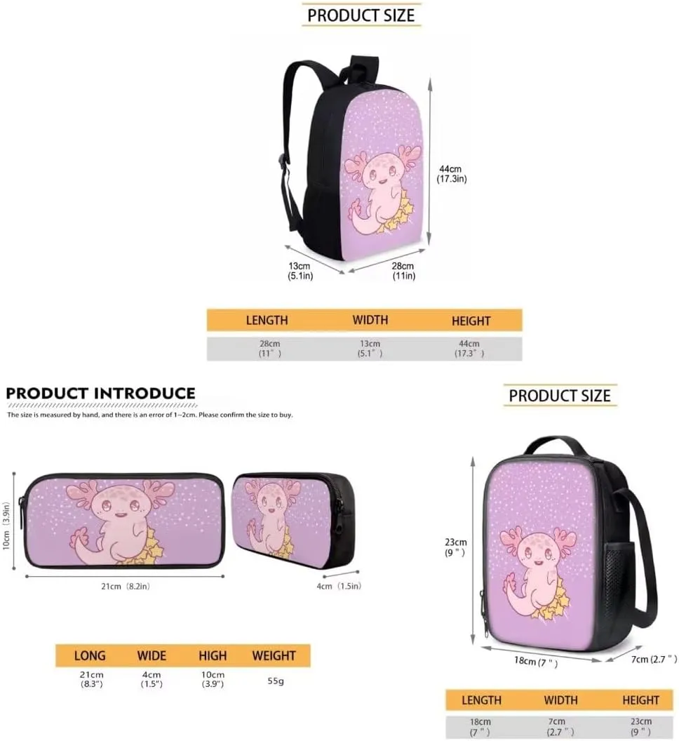 3pcs Kawaii Backpack For Girls Kids Cartoon Axolotl Print 17 Inch Student School Backpack With Lunch Bag Pen Bag Set