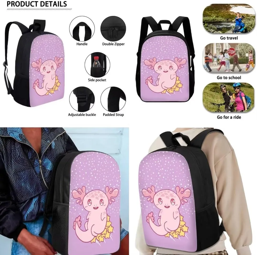 3pcs Kawaii Backpack For Girls Kids Cartoon Axolotl Print 17 Inch Student School Backpack With Lunch Bag Pen Bag Set