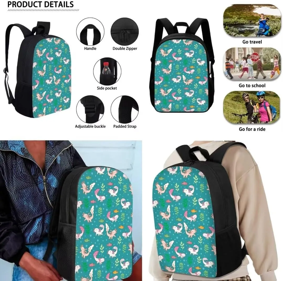 3pcs Set Kawaii Backpack With Insulated Lunch Bag Pen Bag Axolotls Fishes Print Big Capacity School Bag Cute Aesthetic Casual Daypack