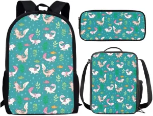 3pcs Set Kawaii Backpack With Insulated Lunch Bag Pen Bag Axolotls Fishes Print Big Capacity School Bag Cute Aesthetic Casual Daypack