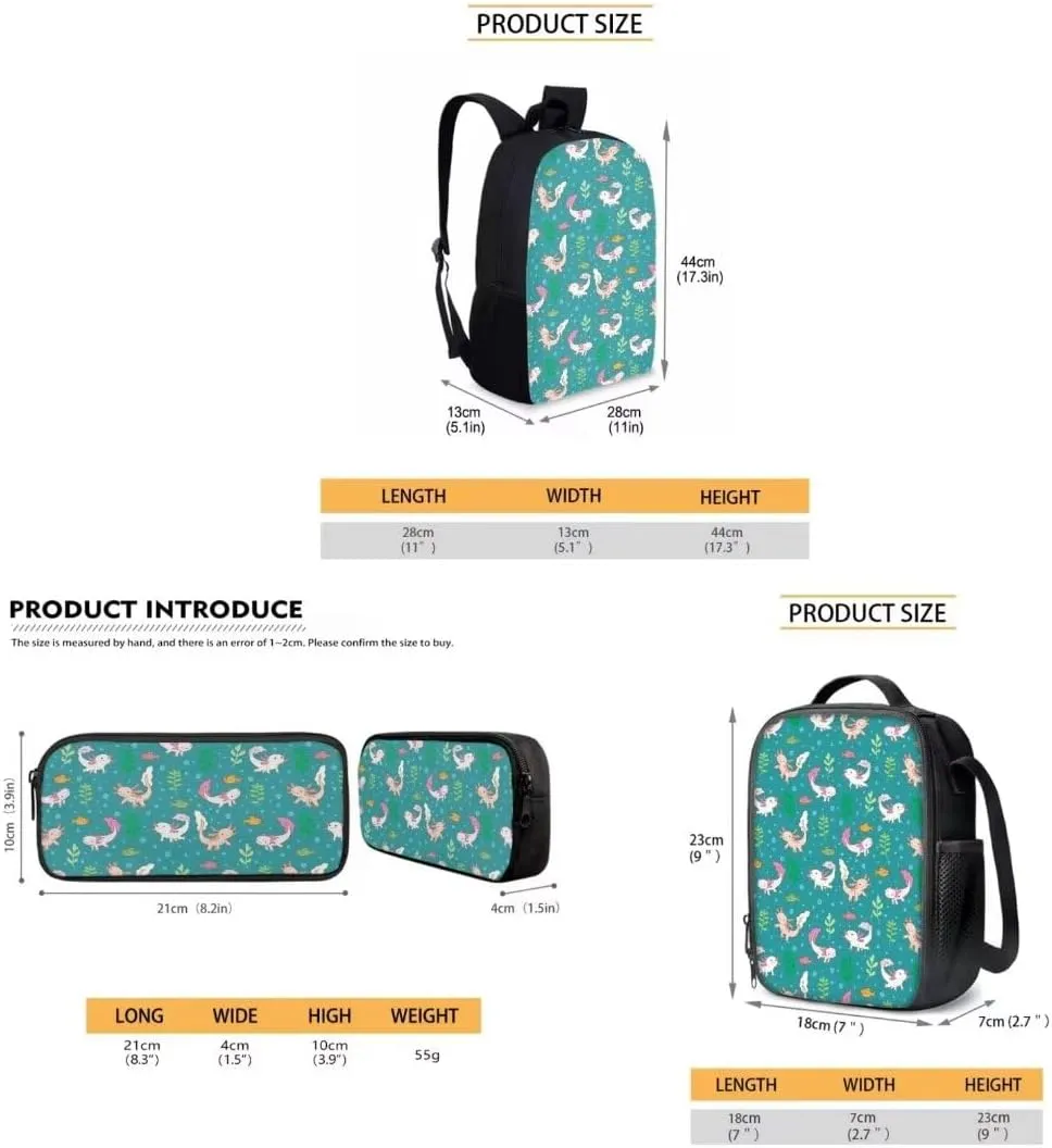 3pcs Set Kawaii Backpack With Insulated Lunch Bag Pen Bag Axolotls Fishes Print Big Capacity School Bag Cute Aesthetic Casual Daypack