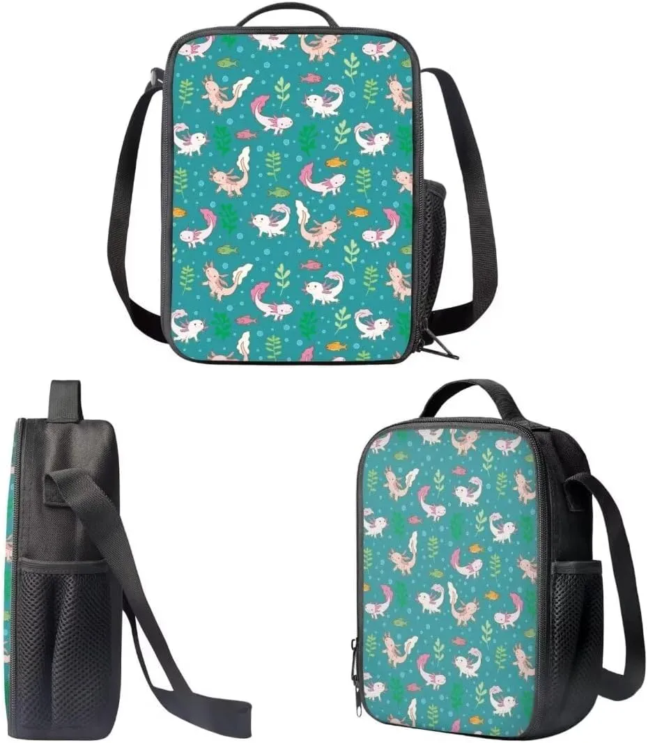 3pcs Set Kawaii Backpack With Insulated Lunch Bag Pen Bag Axolotls Fishes Print Big Capacity School Bag Cute Aesthetic Casual Daypack