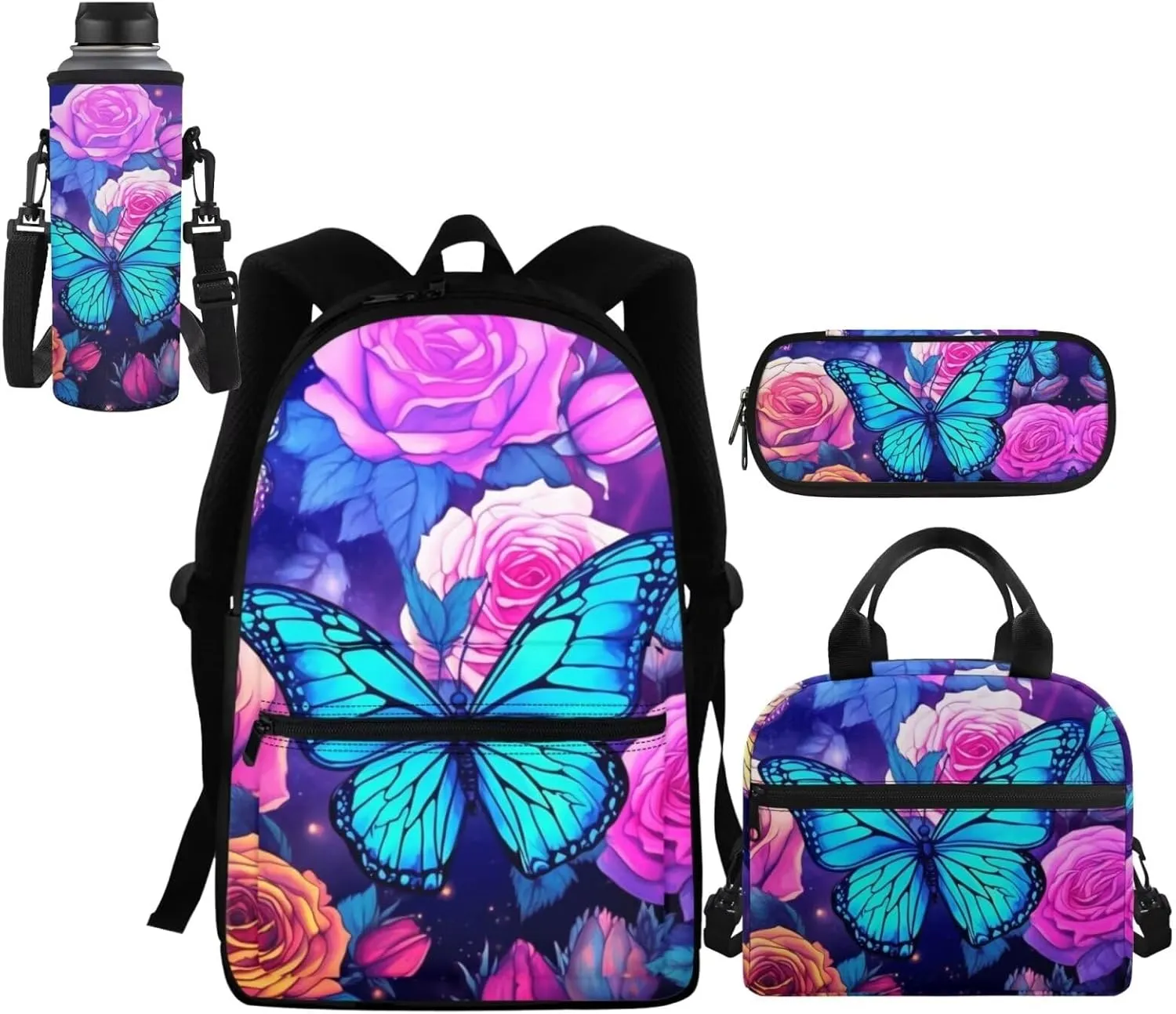 4 in 1 Butterfly Backpack for Girls with Lunch Box Pencil Purse Teen Girls School Bag Kids School Backpacks Primary Schoolbag Water Bottle Sleeve Elementary Preschool Kindergarten Bookbag