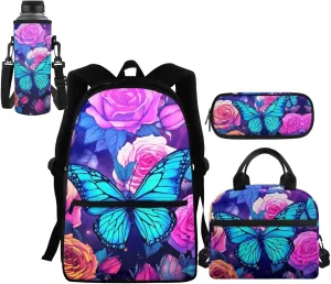 4 in 1 Butterfly Backpack for Girls with Lunch Box Pencil Purse Teen Girls School Bag Kids School Backpacks Primary Schoolbag Water Bottle Sleeve Elementary Preschool Kindergarten Bookbag