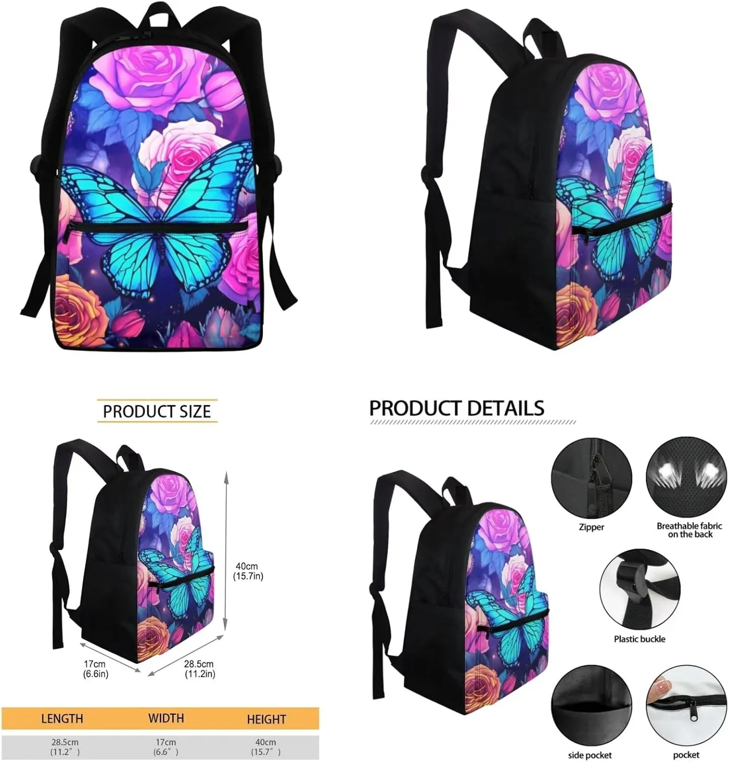 4 in 1 Butterfly Backpack for Girls with Lunch Box Pencil Purse Teen Girls School Bag Kids School Backpacks Primary Schoolbag Water Bottle Sleeve Elementary Preschool Kindergarten Bookbag