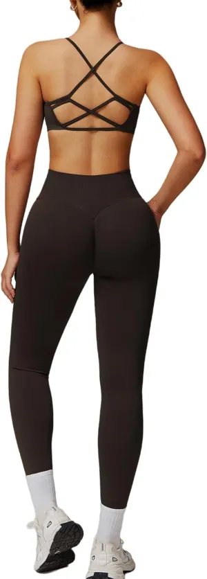 ABOCIW Workout Sets for Women Seamless High Waist Scrunch Butt Lifting Gym Leggings Yoga Pants Strappy Sports Bra Exercise 2 Piece Outfits Coffee Large