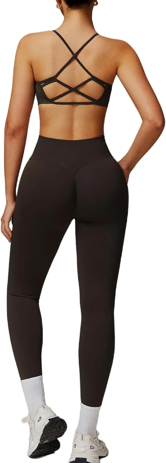 ABOCIW Workout Sets for Women Seamless High Waist Scrunch Butt Lifting Gym Leggings Yoga Pants Strappy Sports Bra Exercise 2 Piece Outfits Coffee Large