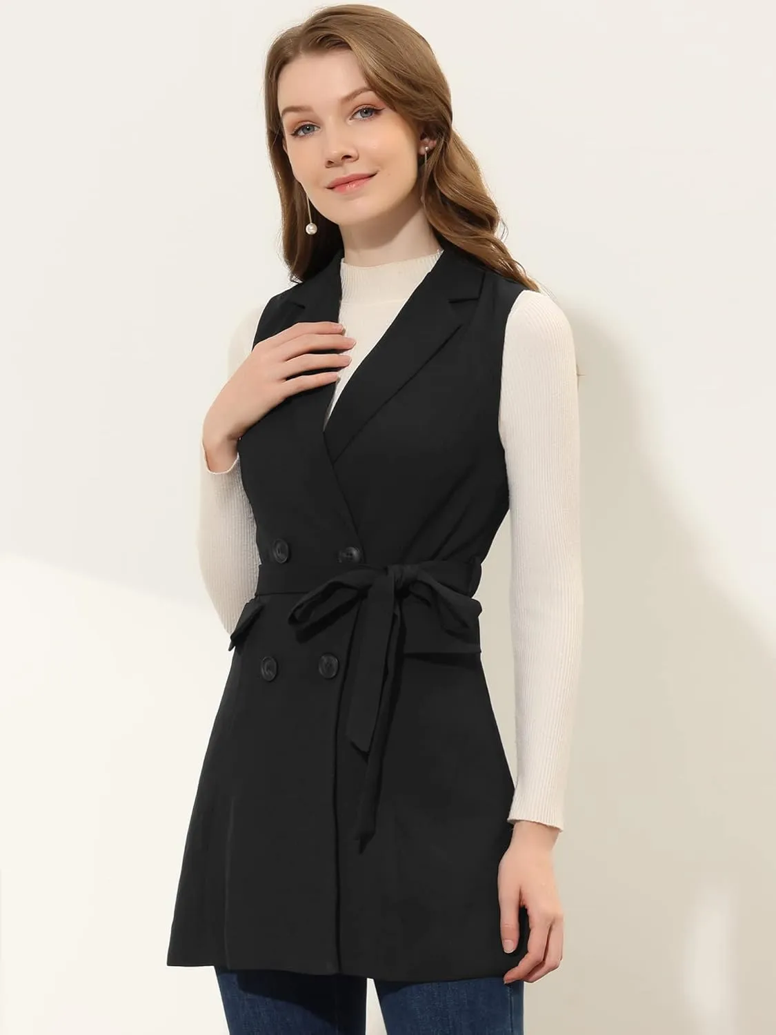 Allegra K Women's Sleeveless Blazer Work Double Breasted Lightweight Belted Long Trench Vest