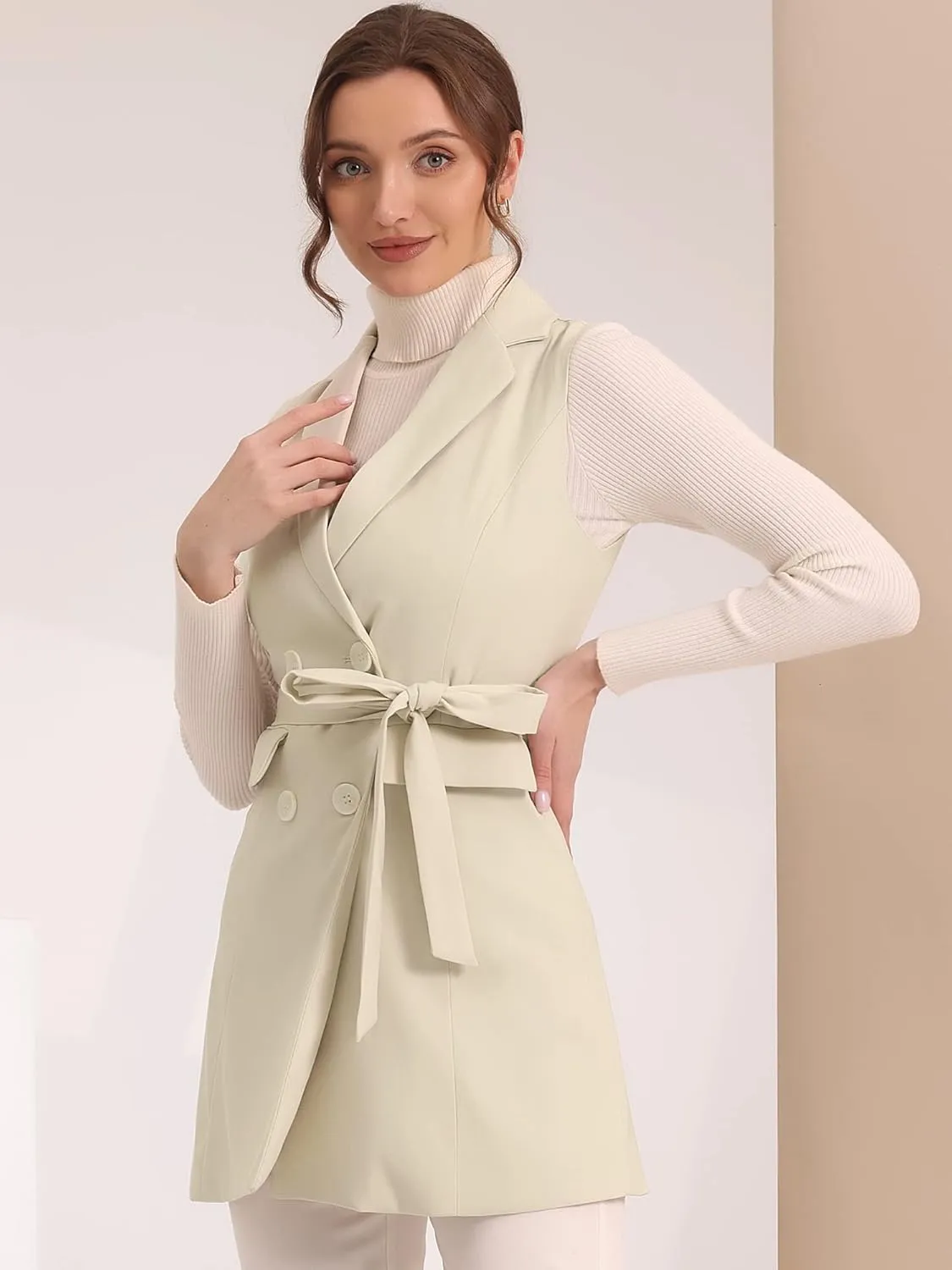 Allegra K Women's Sleeveless Blazer Work Double Breasted Lightweight Belted Long Trench Vest