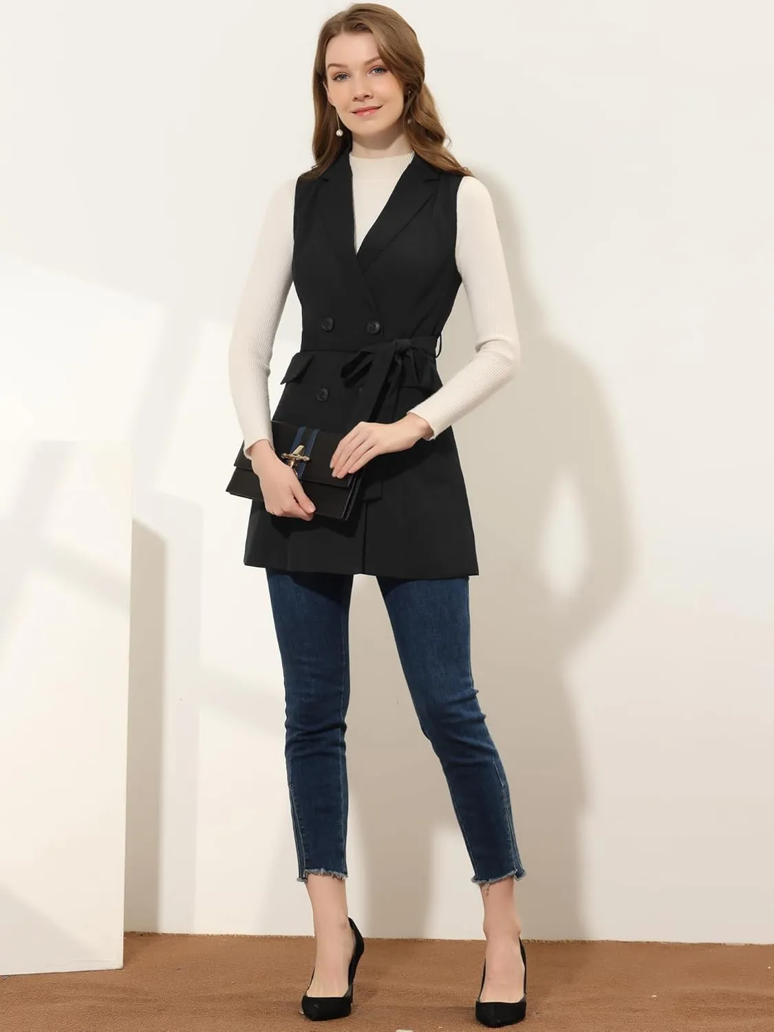 Allegra K Women's Sleeveless Blazer Work Double Breasted Lightweight Belted Long Trench Vest