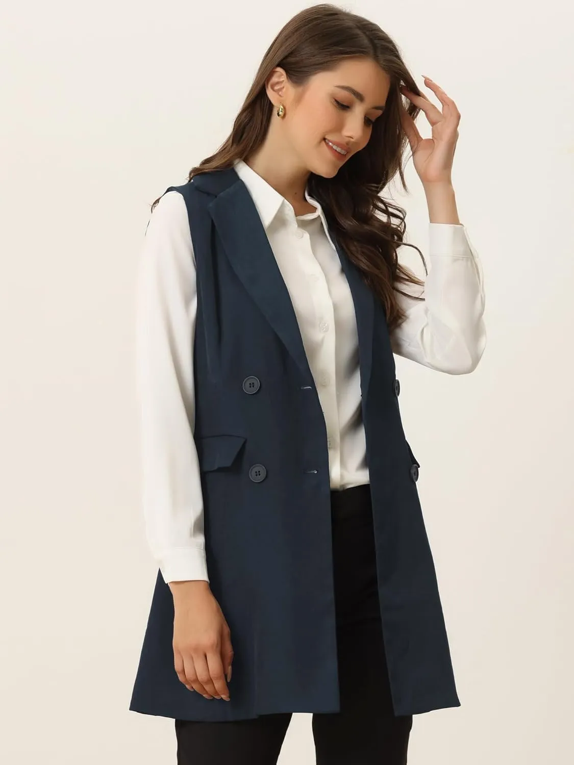 Allegra K Women's Sleeveless Blazer Work Double Breasted Lightweight Belted Long Trench Vest