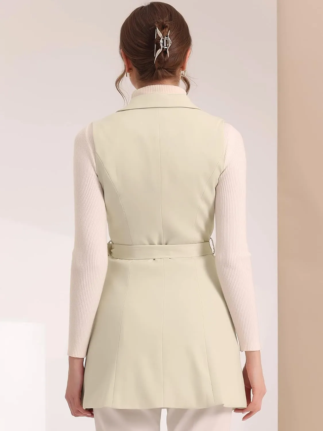 Allegra K Women's Sleeveless Blazer Work Double Breasted Lightweight Belted Long Trench Vest