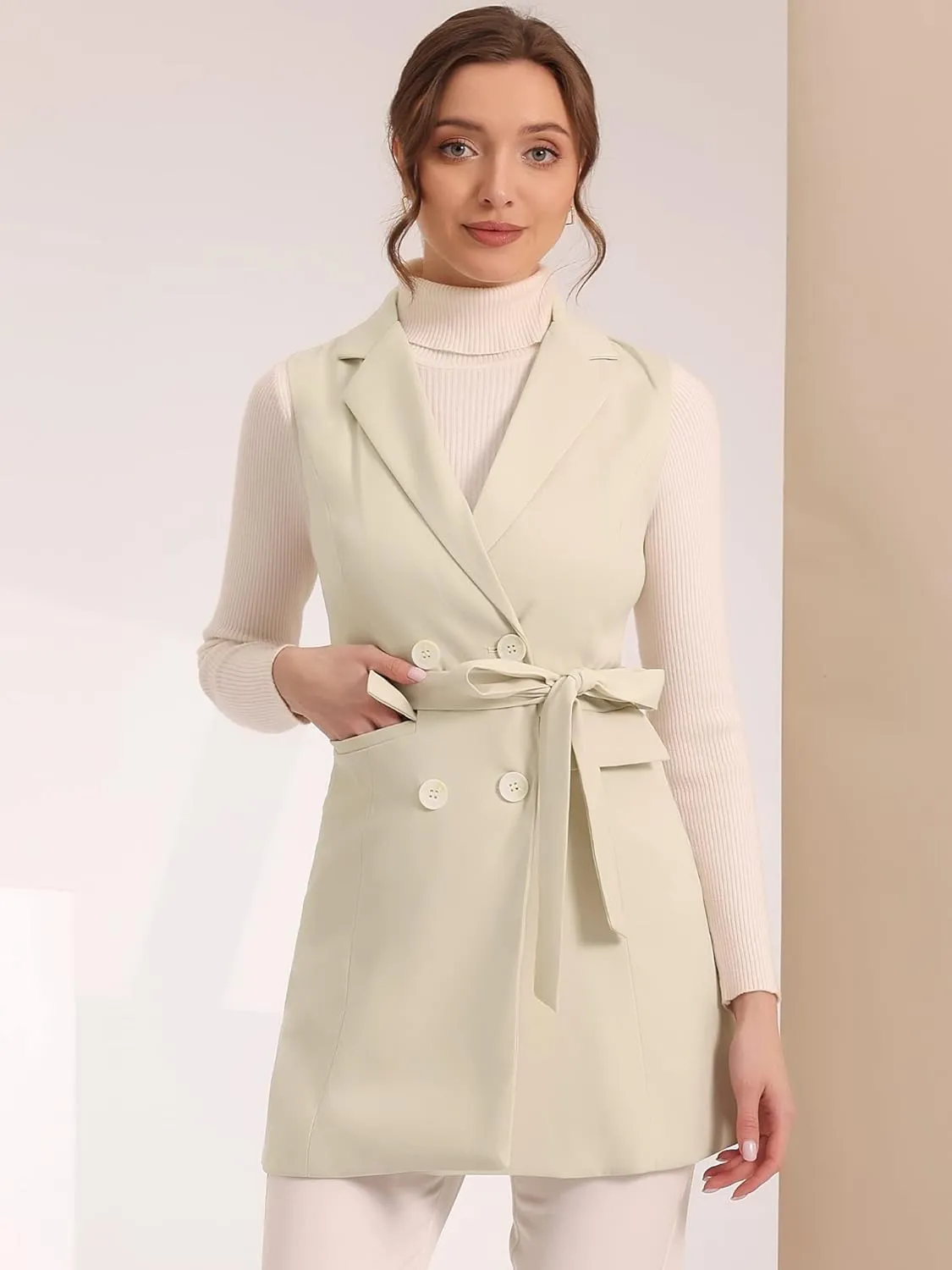 Allegra K Women's Sleeveless Blazer Work Double Breasted Lightweight Belted Long Trench Vest