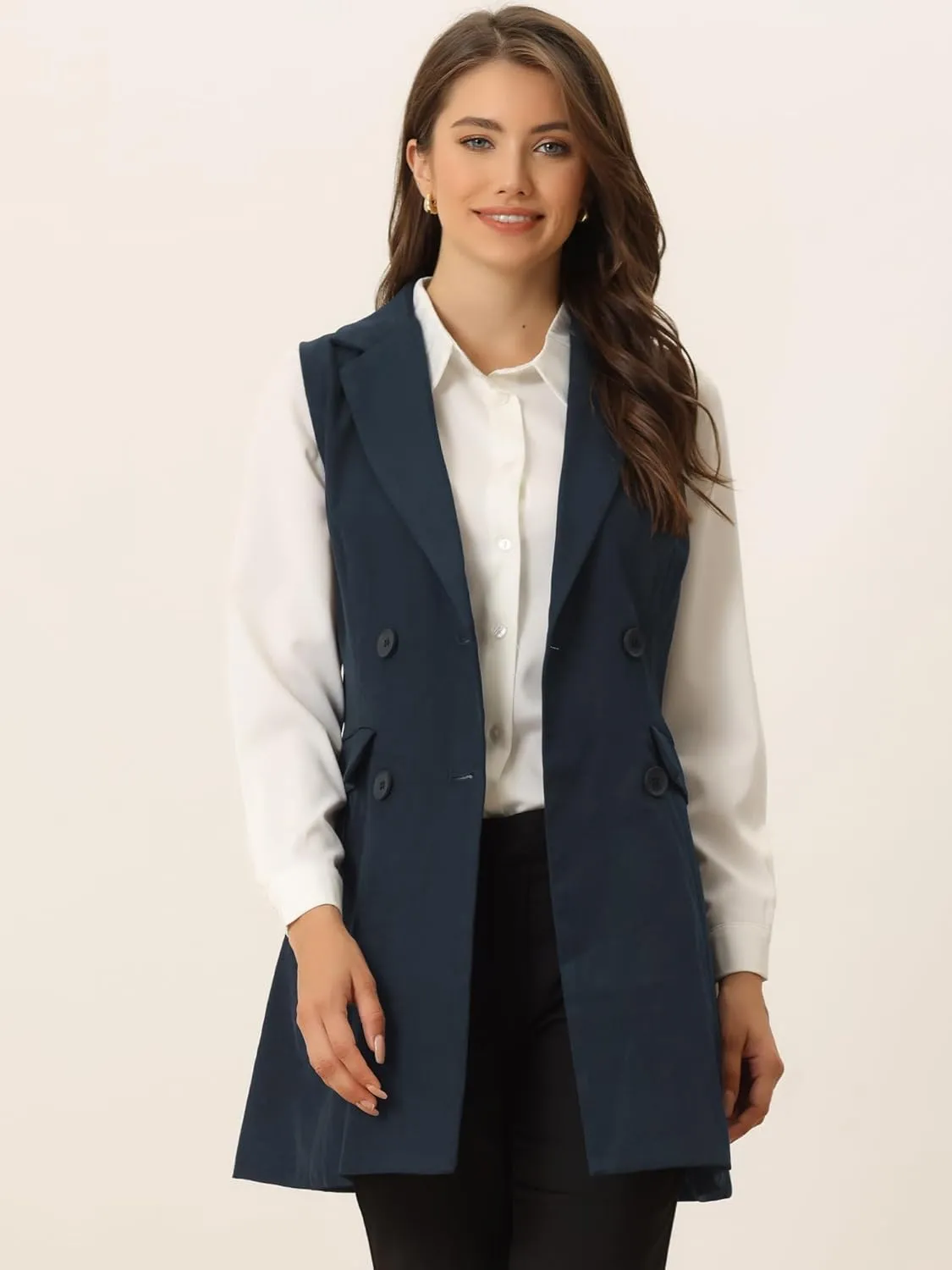 Allegra K Women's Sleeveless Blazer Work Double Breasted Lightweight Belted Long Trench Vest