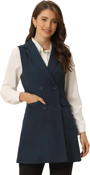 Allegra K Women's Sleeveless Blazer Work Double Breasted Lightweight Belted Long Trench Vest