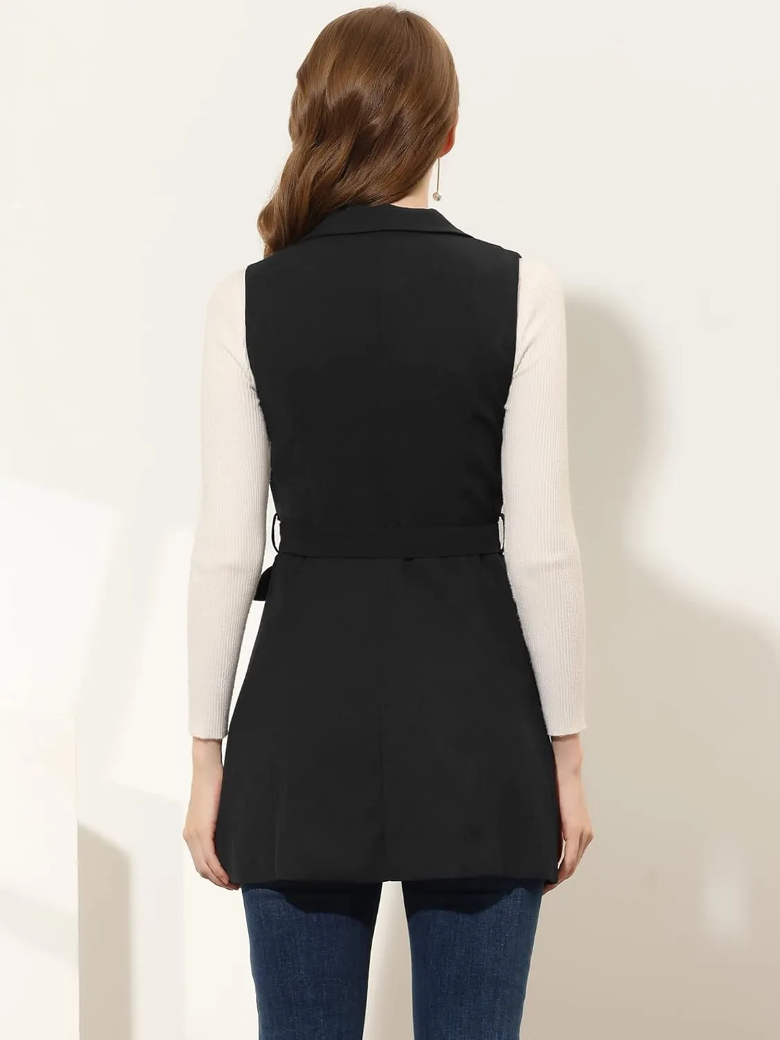 Allegra K Women's Sleeveless Blazer Work Double Breasted Lightweight Belted Long Trench Vest