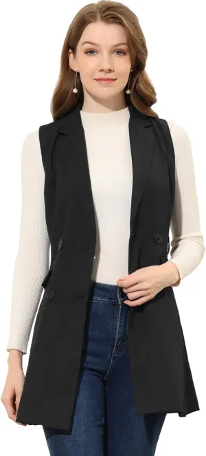Allegra K Women's Sleeveless Blazer Work Double Breasted Lightweight Belted Long Trench Vest