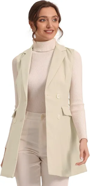 Allegra K Women's Sleeveless Blazer Work Double Breasted Lightweight Belted Long Trench Vest