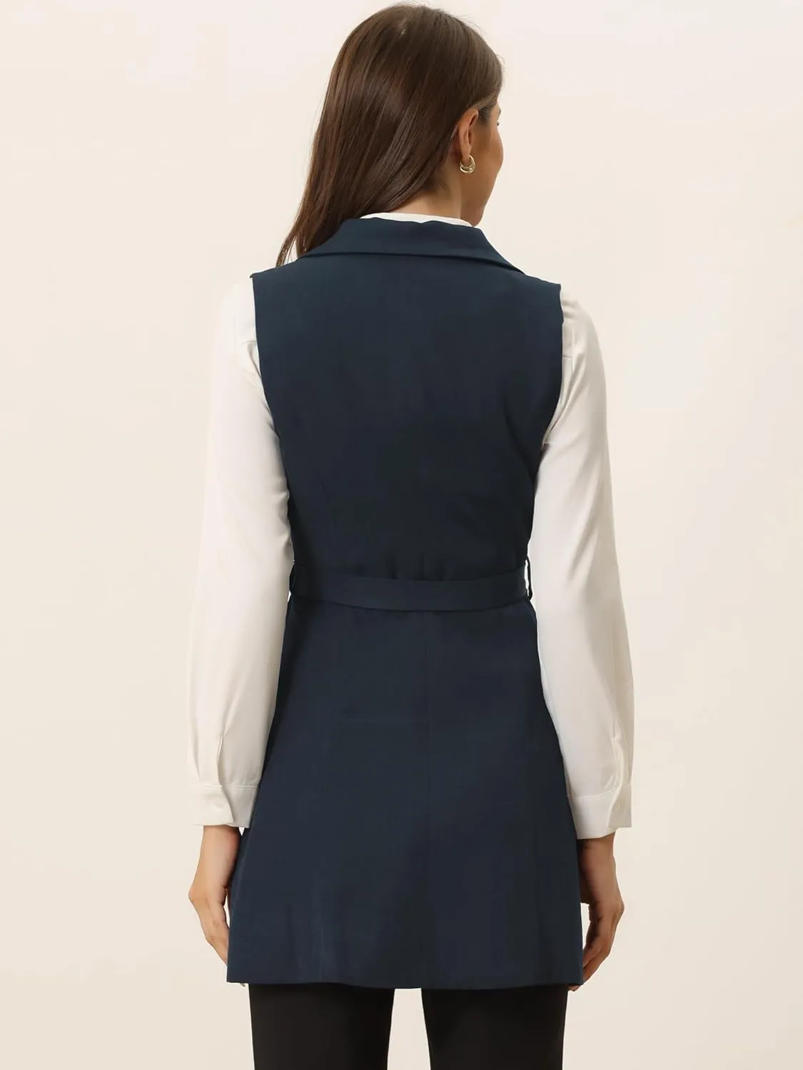 Allegra K Women's Sleeveless Blazer Work Double Breasted Lightweight Belted Long Trench Vest