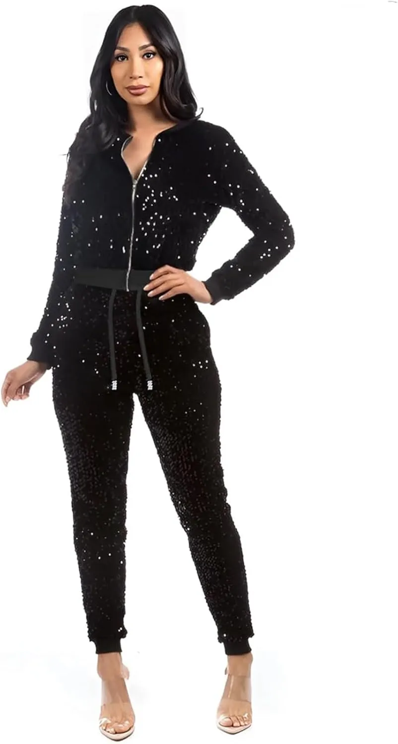 Alunzoem Jogging Suits for Women 2 Piece Outfits Velvet Sequin Long Sleeve Zipper Jacket Jogger Pants Tracksuit Set