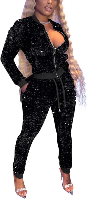 Alunzoem Jogging Suits for Women 2 Piece Outfits Velvet Sequin Long Sleeve Zipper Jacket Jogger Pants Tracksuit Set