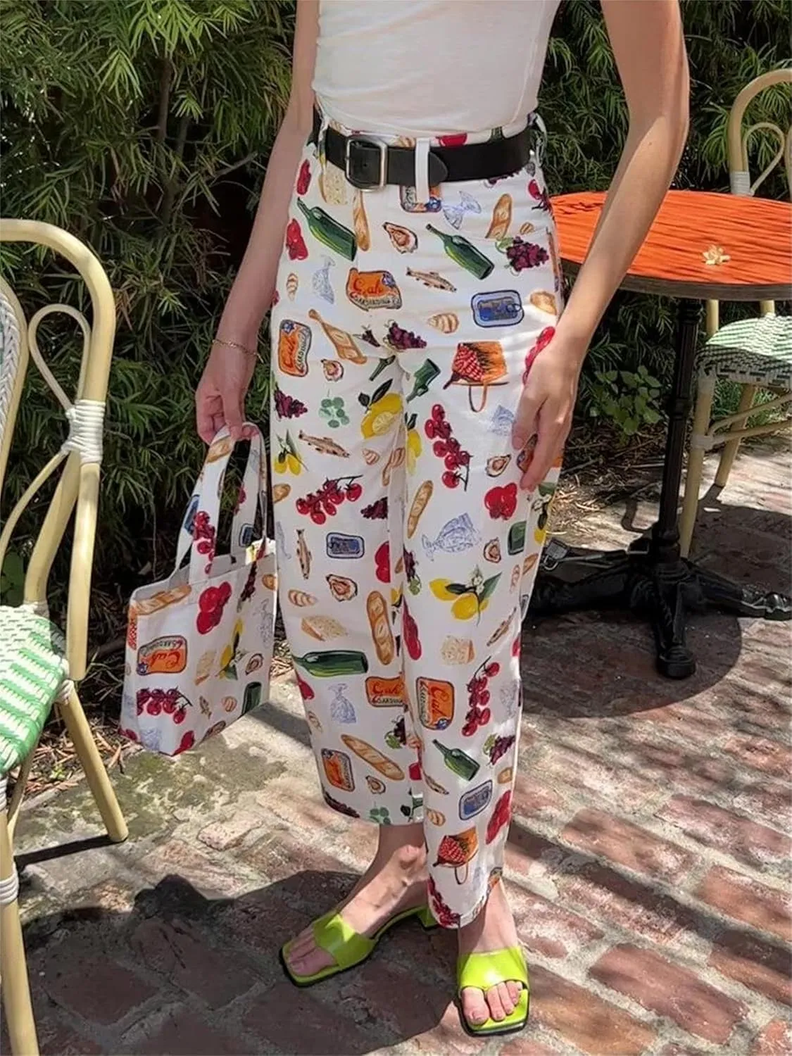 Alyweatry Women BUON Appetito Print Jeans High Waist Straight Leg Summer Fruit Tapas Print Denim Pants