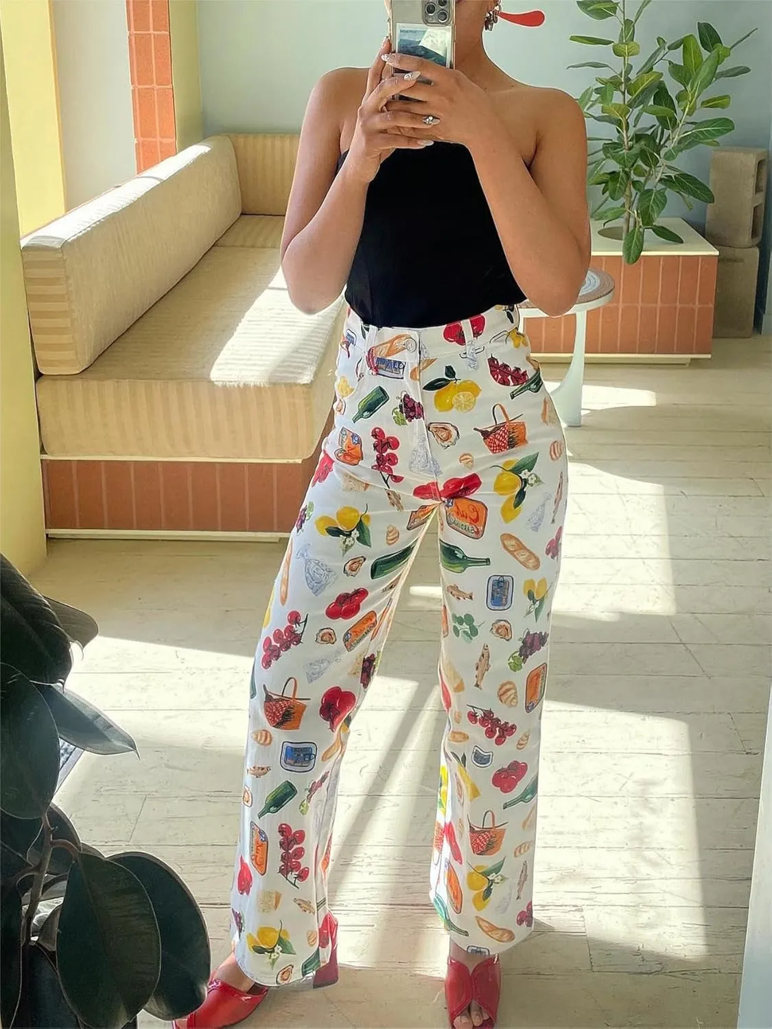 Alyweatry Women BUON Appetito Print Jeans High Waist Straight Leg Summer Fruit Tapas Print Denim Pants