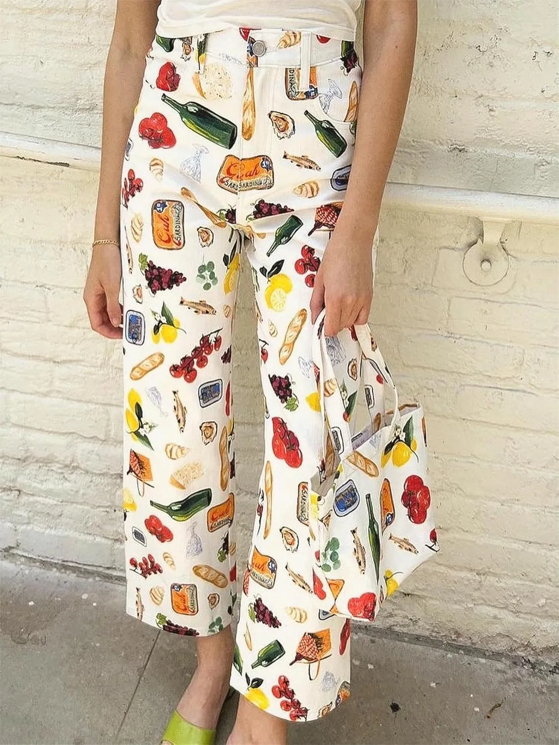 Alyweatry Women BUON Appetito Print Jeans High Waist Straight Leg Summer Fruit Tapas Print Denim Pants