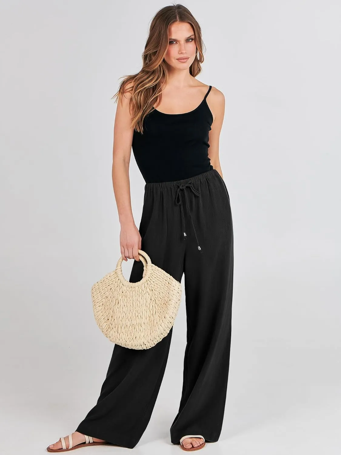 ANRABESS Womens Linen Palazzo Pants Summer Flowy Wide Leg Drawstring Casual Trousers with Pockets Beach Vacation Outfits