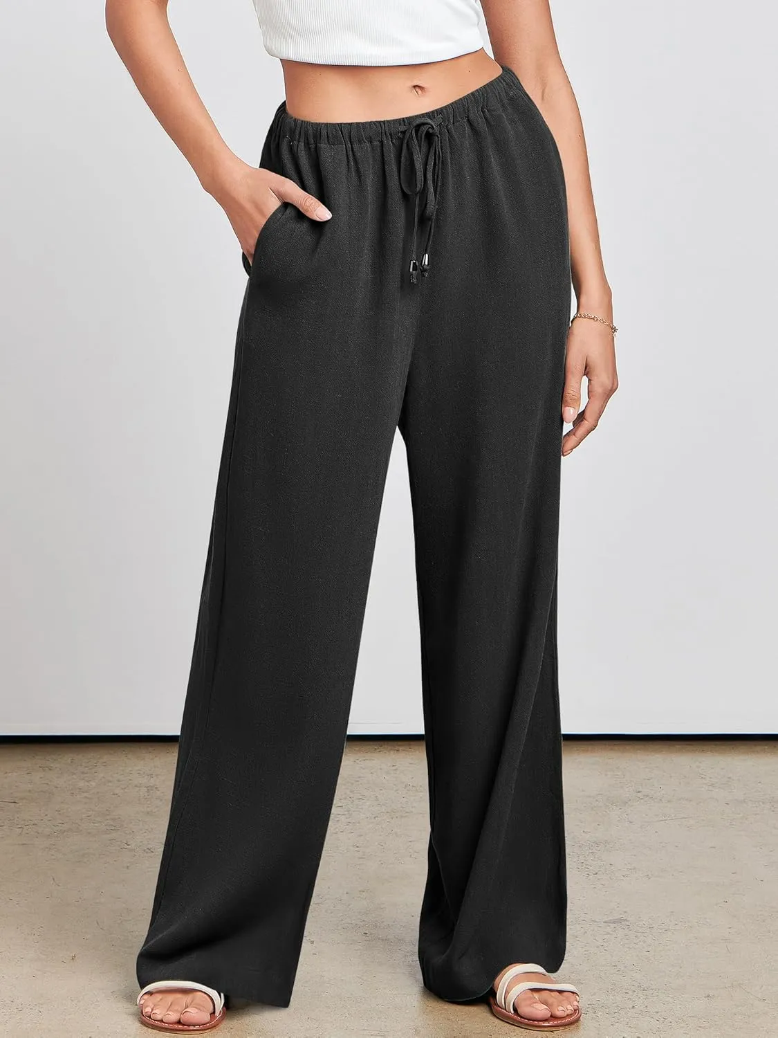 ANRABESS Womens Linen Palazzo Pants Summer Flowy Wide Leg Drawstring Casual Trousers with Pockets Beach Vacation Outfits