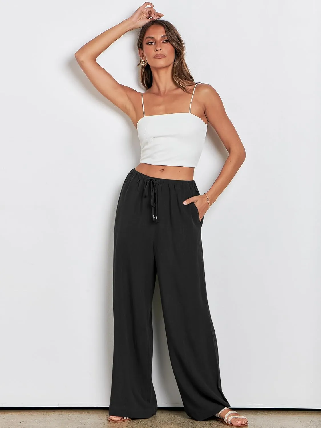 ANRABESS Womens Linen Palazzo Pants Summer Flowy Wide Leg Drawstring Casual Trousers with Pockets Beach Vacation Outfits