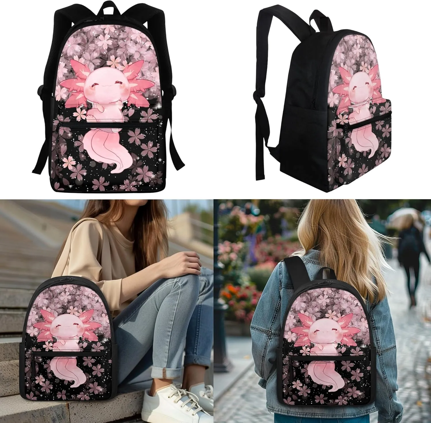 Axolotl Backpack for Kids Girls School Bag Age 7 8-10 10-12 12-14 13-15 Cherry Blossom Lunch Bag Preschool Elementary Schoolbag Bookbag with Pencil Case Water Bottle Sleeve
