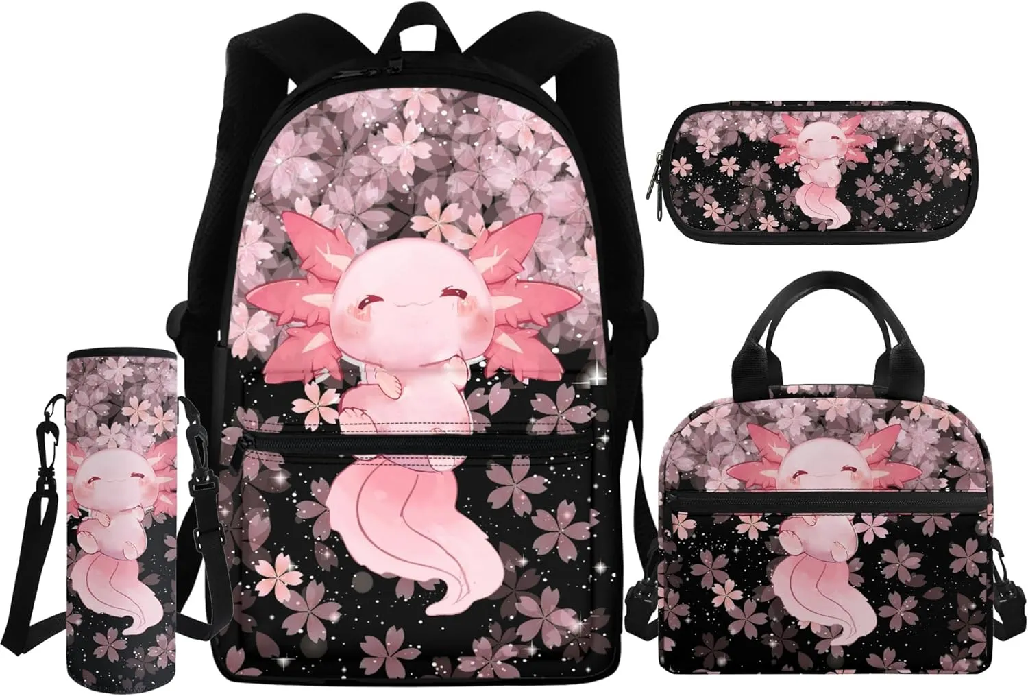 Axolotl Backpack for Kids Girls School Bag Age 7 8-10 10-12 12-14 13-15 Cherry Blossom Lunch Bag Preschool Elementary Schoolbag Bookbag with Pencil Case Water Bottle Sleeve