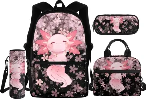 Axolotl Backpack for Kids Girls School Bag Age 7 8-10 10-12 12-14 13-15 Cherry Blossom Lunch Bag Preschool Elementary Schoolbag Bookbag with Pencil Case Water Bottle Sleeve