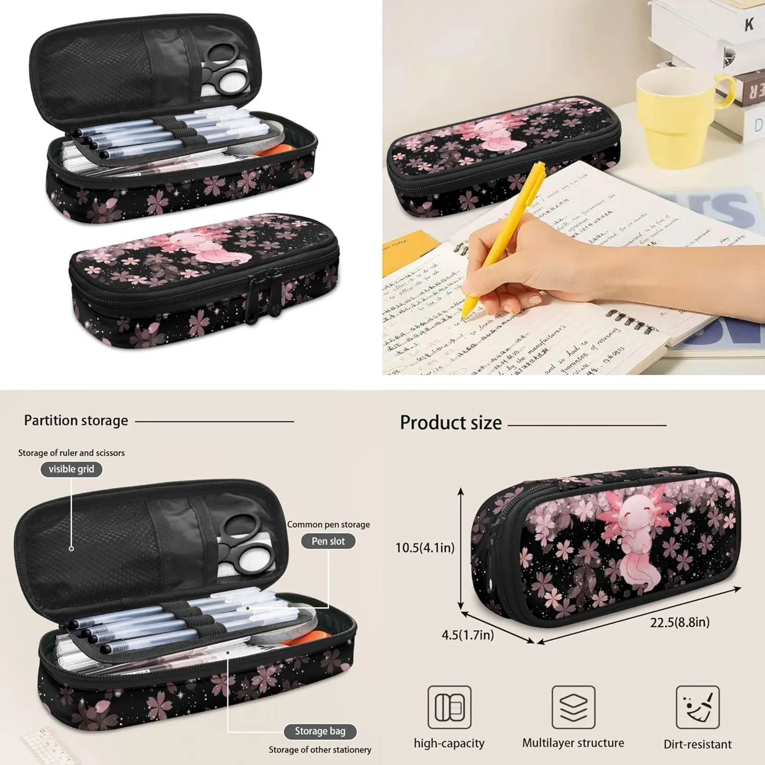 Axolotl Backpack for Kids Girls School Bag Age 7 8-10 10-12 12-14 13-15 Cherry Blossom Lunch Bag Preschool Elementary Schoolbag Bookbag with Pencil Case Water Bottle Sleeve