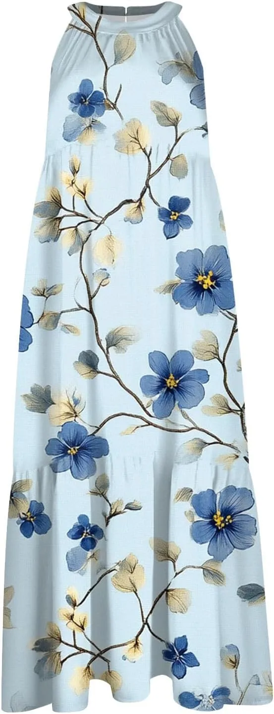 Azeralia Womens Spring Summer 2025 Sleeveless Casual Hanging Neck Beach Dresses Printed Loose Splicing Long Dress