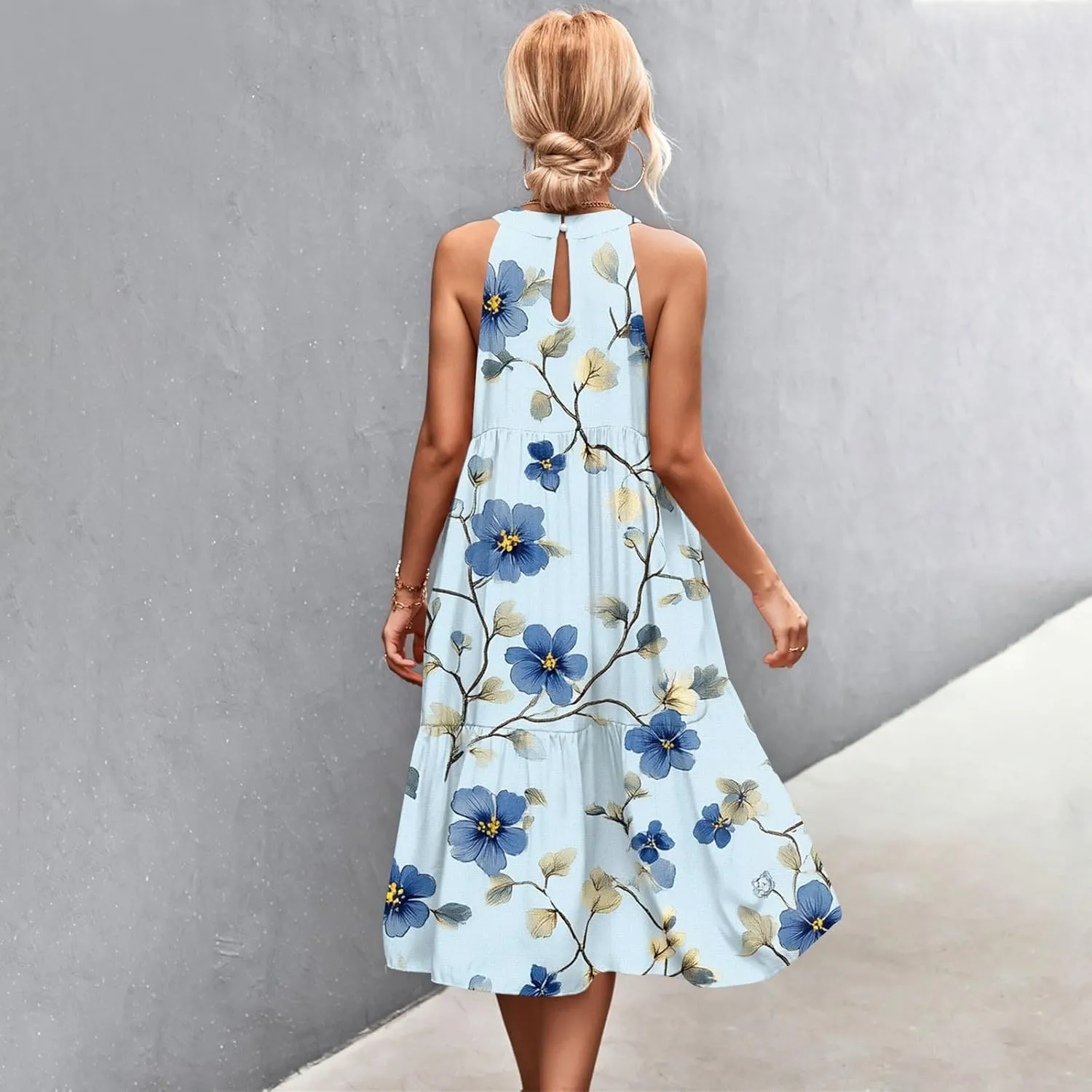 Azeralia Womens Spring Summer 2025 Sleeveless Casual Hanging Neck Beach Dresses Printed Loose Splicing Long Dress