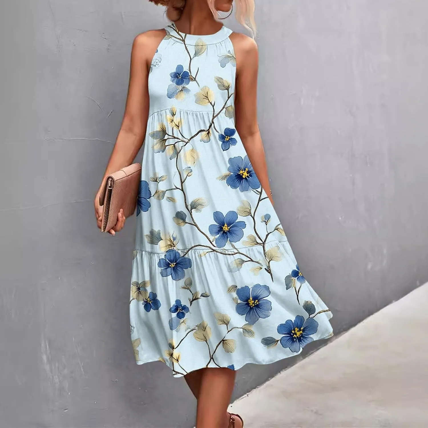 Azeralia Womens Spring Summer 2025 Sleeveless Casual Hanging Neck Beach Dresses Printed Loose Splicing Long Dress