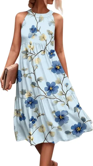 Azeralia Womens Spring Summer 2025 Sleeveless Casual Hanging Neck Beach Dresses Printed Loose Splicing Long Dress