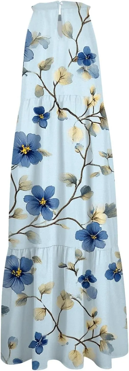 Azeralia Womens Spring Summer 2025 Sleeveless Casual Hanging Neck Beach Dresses Printed Loose Splicing Long Dress