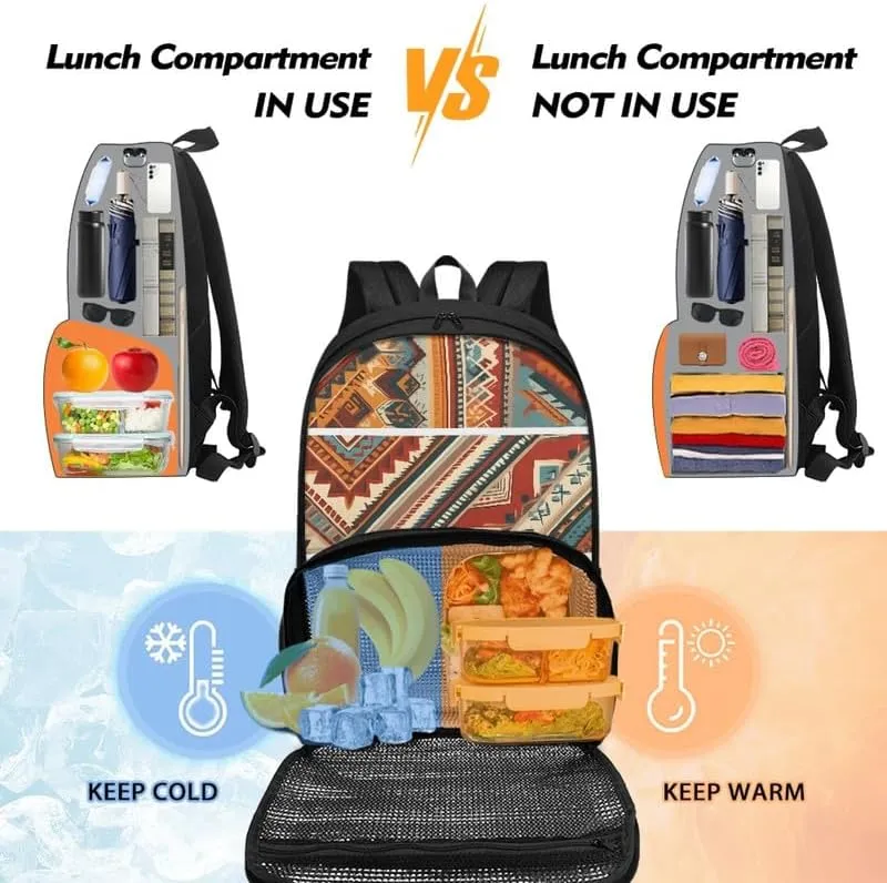 Aztec Stripe Rhombic Print 17 Inch Lunch Backpack Retro Ethnic Tribal Geometry Zigzag Pattern Travel Backpacks for Women 2 in 1 Insulated Cooler Lunch Backpack