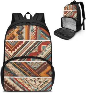 Aztec Stripe Rhombic Print 17 Inch Lunch Backpack Retro Ethnic Tribal Geometry Zigzag Pattern Travel Backpacks for Women 2 in 1 Insulated Cooler Lunch Backpack