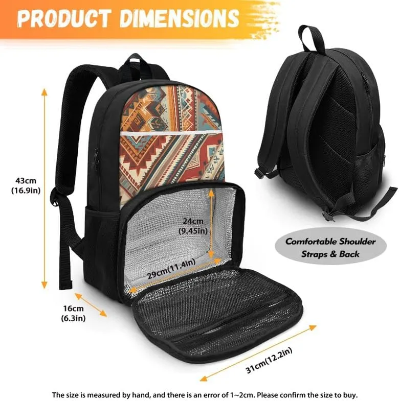Aztec Stripe Rhombic Print 17 Inch Lunch Backpack Retro Ethnic Tribal Geometry Zigzag Pattern Travel Backpacks for Women 2 in 1 Insulated Cooler Lunch Backpack