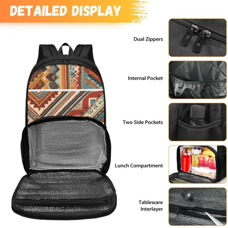 Aztec Stripe Rhombic Print 17 Inch Lunch Backpack Retro Ethnic Tribal Geometry Zigzag Pattern Travel Backpacks for Women 2 in 1 Insulated Cooler Lunch Backpack
