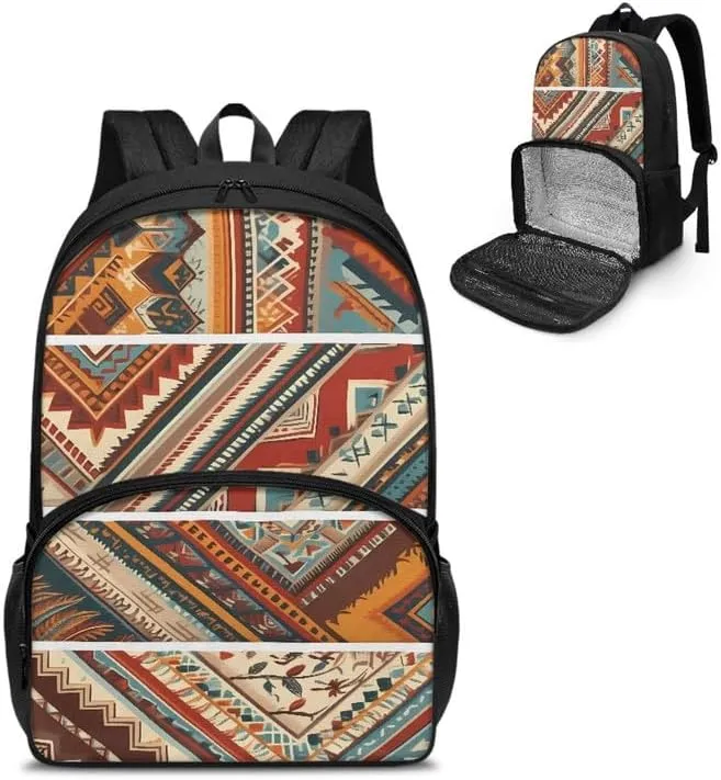 Aztec Stripe Rhombic Print 17 Inch Lunch Backpack Retro Ethnic Tribal Geometry Zigzag Pattern Travel Backpacks for Women 2 in 1 Insulated Cooler Lunch Backpack