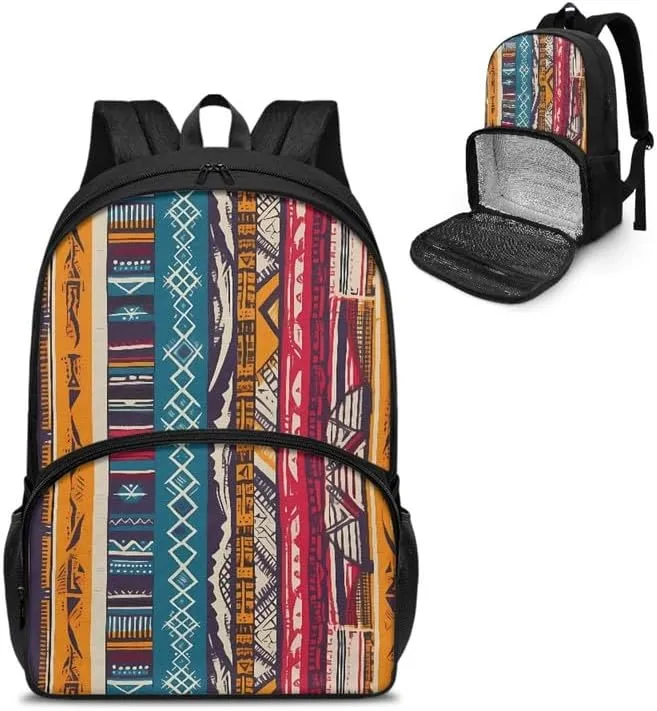 Aztec Stripe Zigzag Print Lunch Backpack for Women Men Tribal Ethnic Rhombic Geometry Pattern Travel Durable Backpack Backpack with Soft Shoulder Straps