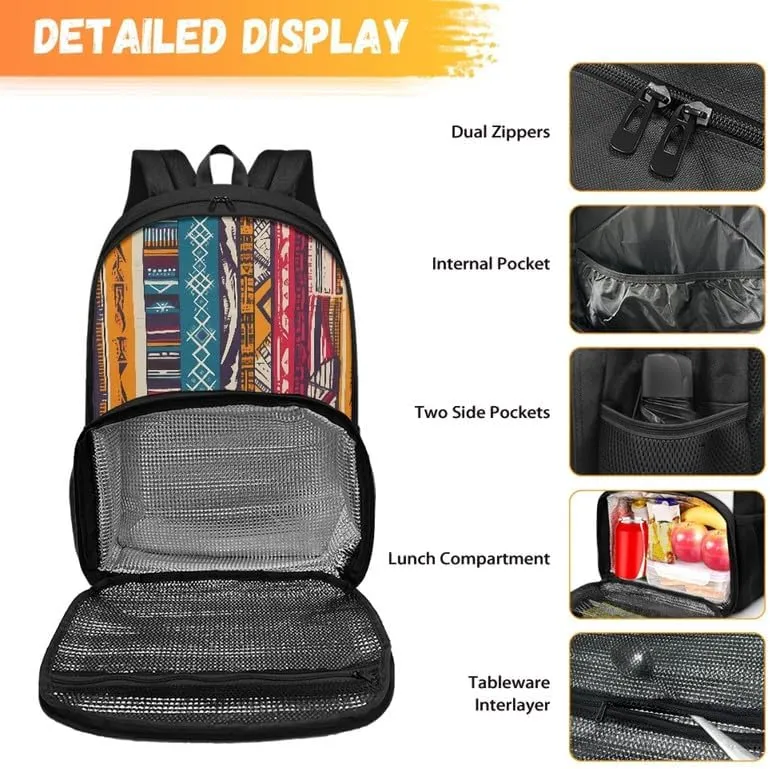 Aztec Stripe Zigzag Print Lunch Backpack for Women Men Tribal Ethnic Rhombic Geometry Pattern Travel Durable Backpack Backpack with Soft Shoulder Straps