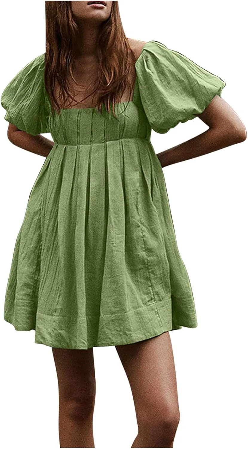 Babydoll Dress for Women 2024 Cute Puff Sleeve Dress Square Neck Short Dress High Waist Ruffle A Line Mini Dresses