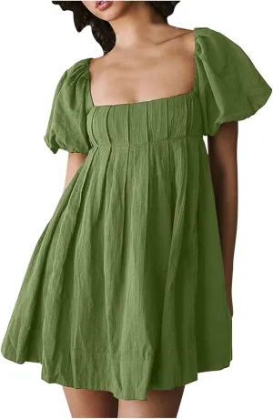 Babydoll Dress for Women 2024 Cute Puff Sleeve Dress Square Neck Short Dress High Waist Ruffle A Line Mini Dresses